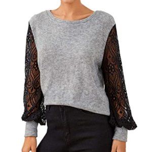 NWT Lace Bell Sleeve Fuzzy Black Grey Sweater Top.
